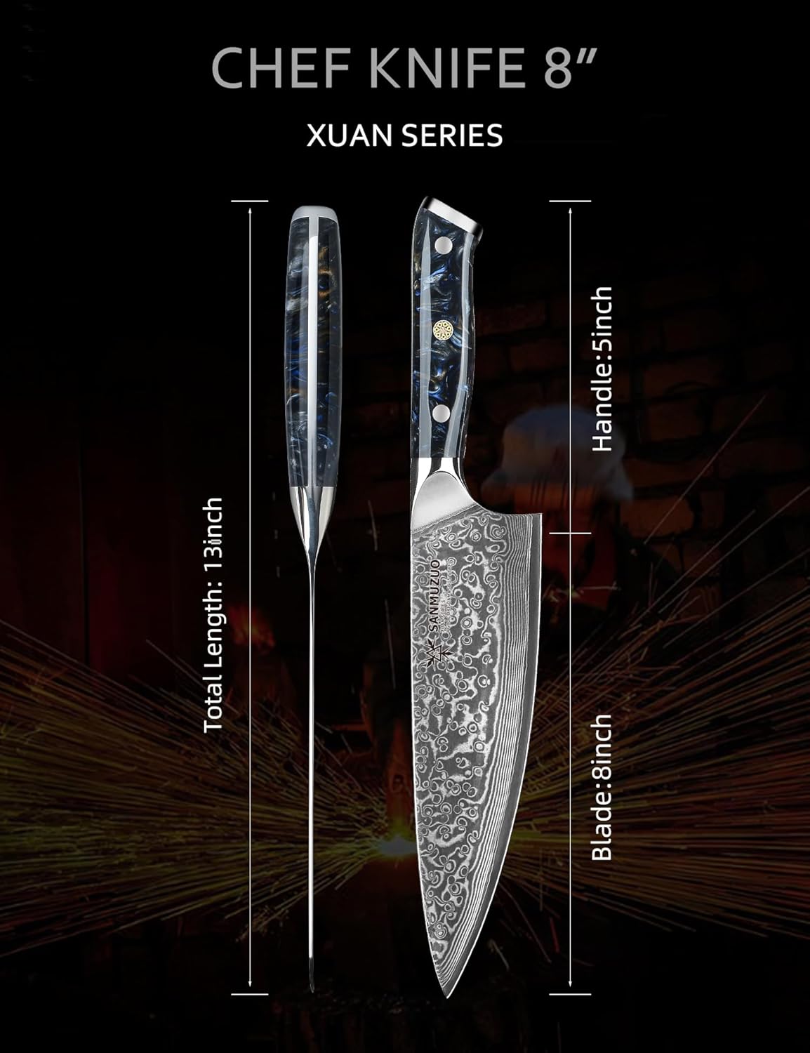 Chef Knife - 8 inch - Xuan Series - VG10 Damascus Steel Kitchen Knife - Resin Handle (Starry Black)