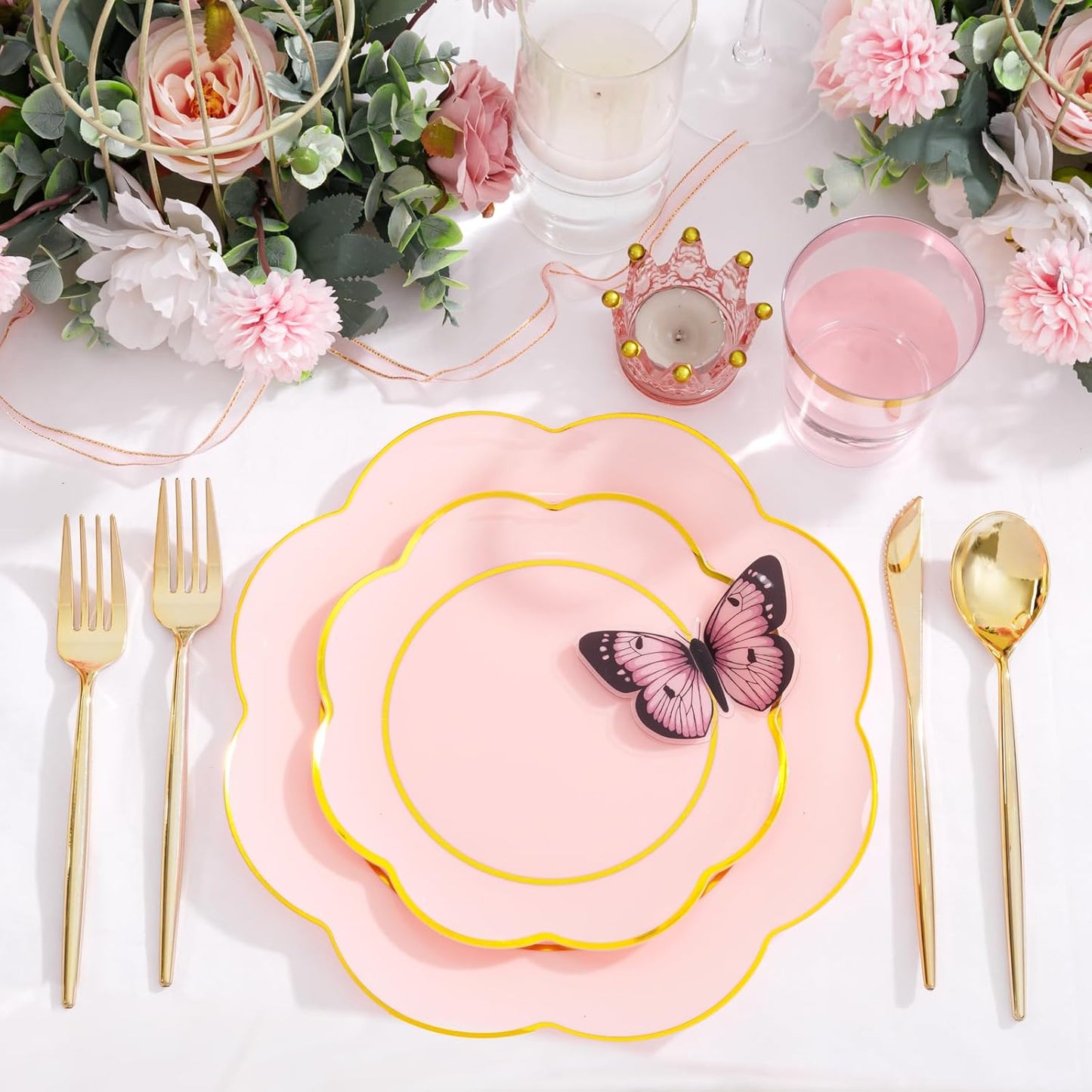 EI 180pcs Pink Plastic Plates with Gold Plastic Silverware,Heavy-Duty Disposable Plates for Party,White Dinnerware Set for 30 Guest Wedding,Birthday