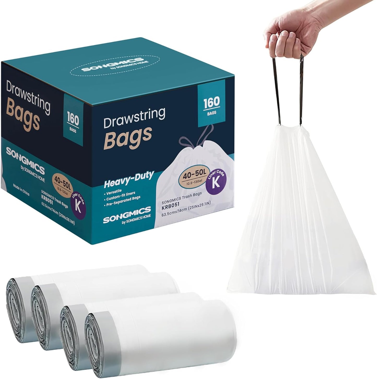 SONGMICS Trash Bags for 13-Gallon (50 L) Trash Cans, Drawstring Kitchen Garbage Bags, Pre-Separated, Quick-Dispense Box, Liner Code K, 4 Rolls, 160 Count, White UKRB051A04