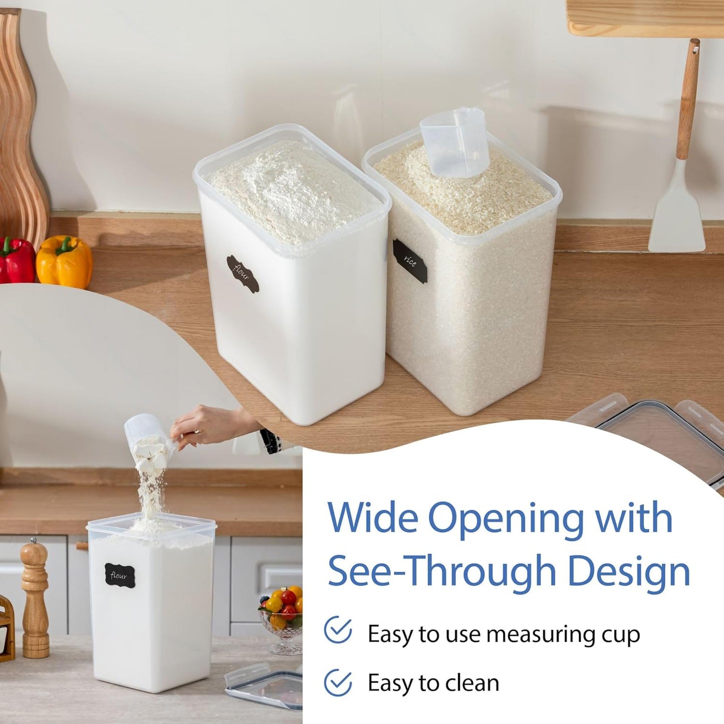 Chef's Path Airtight Food Storage Containers with Measuring Cups, Set of 2, 9.5L, 320Oz, Spacious, Leakproof Design Pantry Canisters for Flour, Sugar, and Bulk Food Storage - Transparent