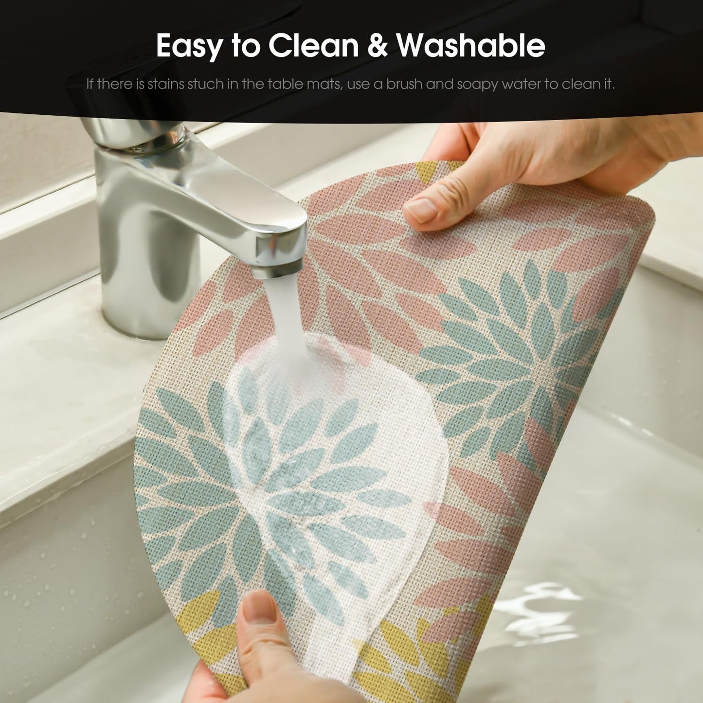 Artoid Mode Floral Vinyl Round Placemats Set of 4, 14 Inch Wipeable Non-Slip PVC Place Mats for Party Kitchen Dining Decor, Pink Blue