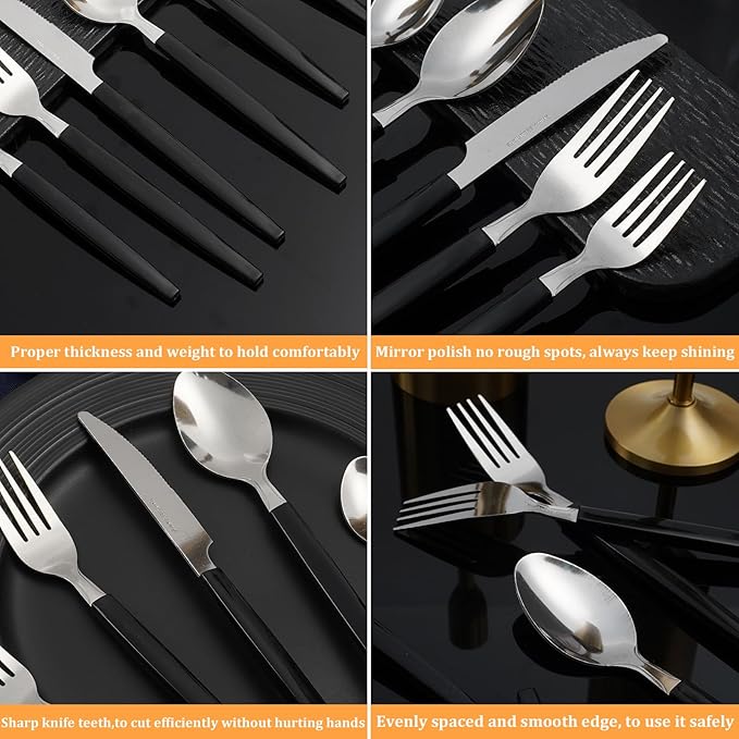 Silverware Sets - 48 PCS 18/0 Food Grade Stainless Steel Silverware Sets Service for 8 Dishwasher Safe, Mirror Polished Flatware Set For Home,Restaurant,Hotel, Wedding, Parties（Black）