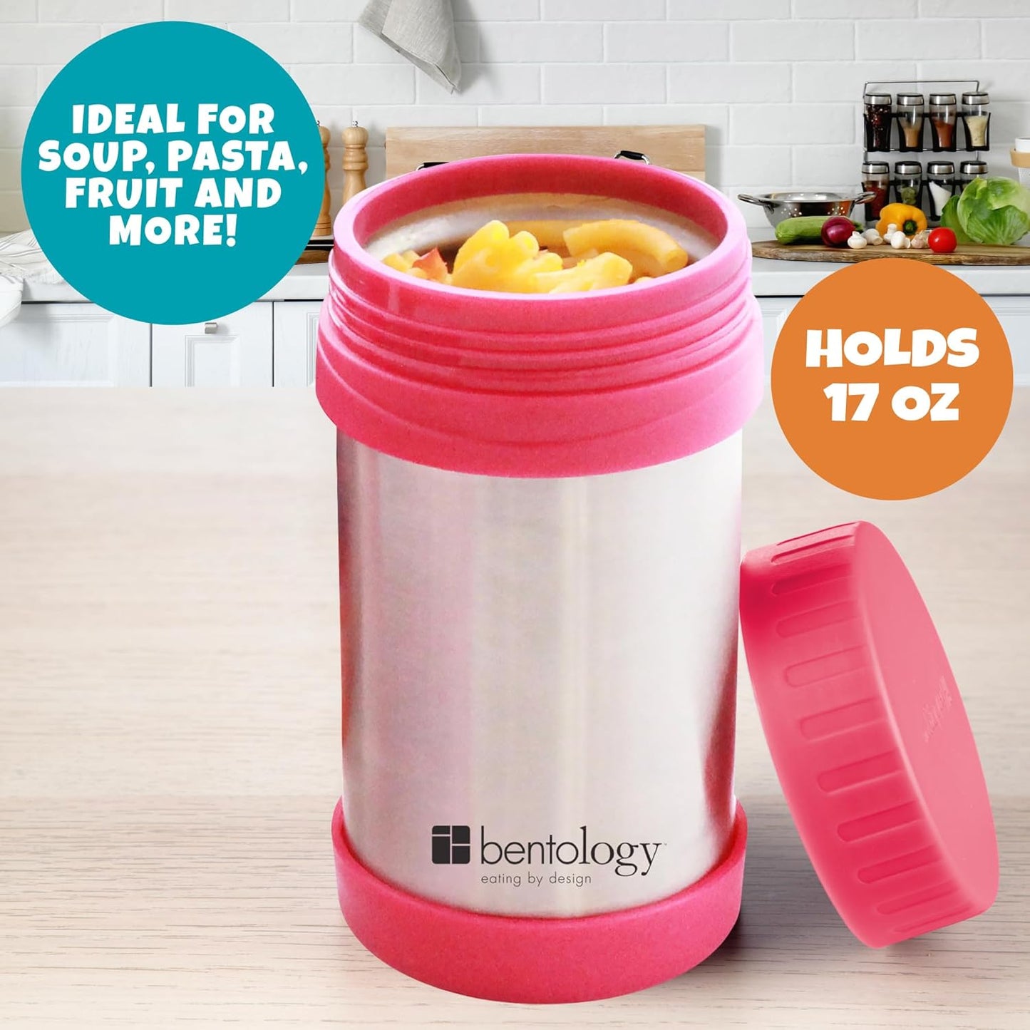 Bentology Stainless Steel Vacuum Insulated Food Jar - 17 oz Pink - Large Lunch Jar for Soup and more - Contains No Phthalates, BPA, or PVC