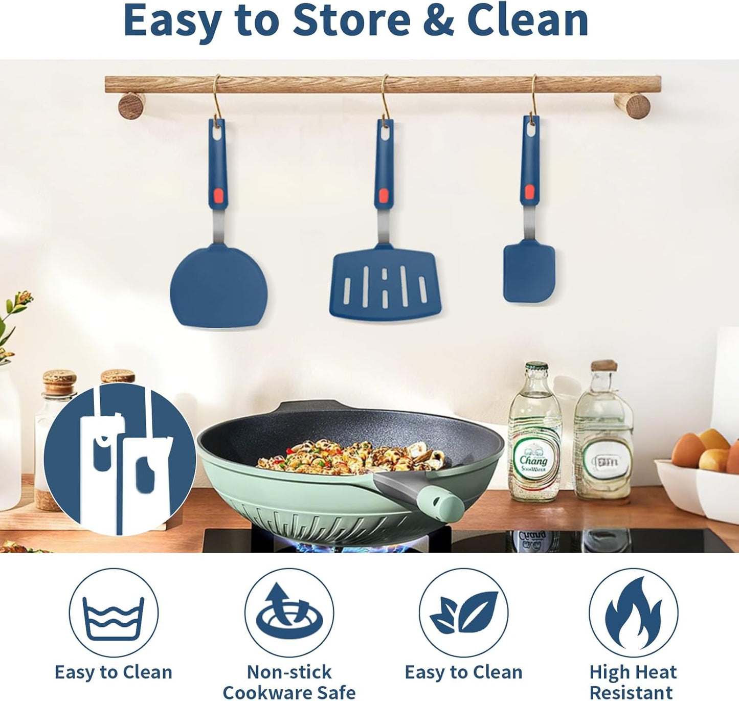 Silicone Spatula Turner Set of 3, Heat Resistant Large Wide Spatula for Pancake, Silicone Fish Spatulas Flipper for Cooking & Non-stick Cookware, BPA Free Rubber Cooking Untensil Set