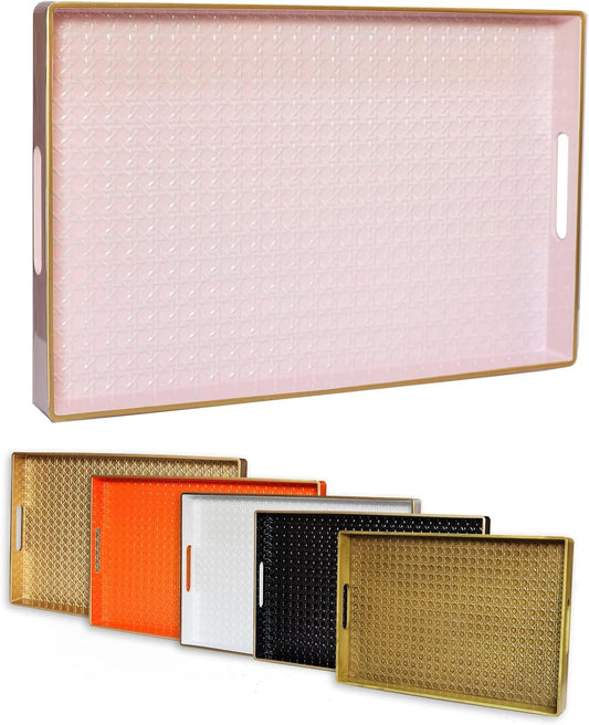 Pink Decorative Coffee Table Tray, Rectangular Plastic Serving Tray with Handles for Living Room, Ottoman, Bathroom, 15.7"*10.2"