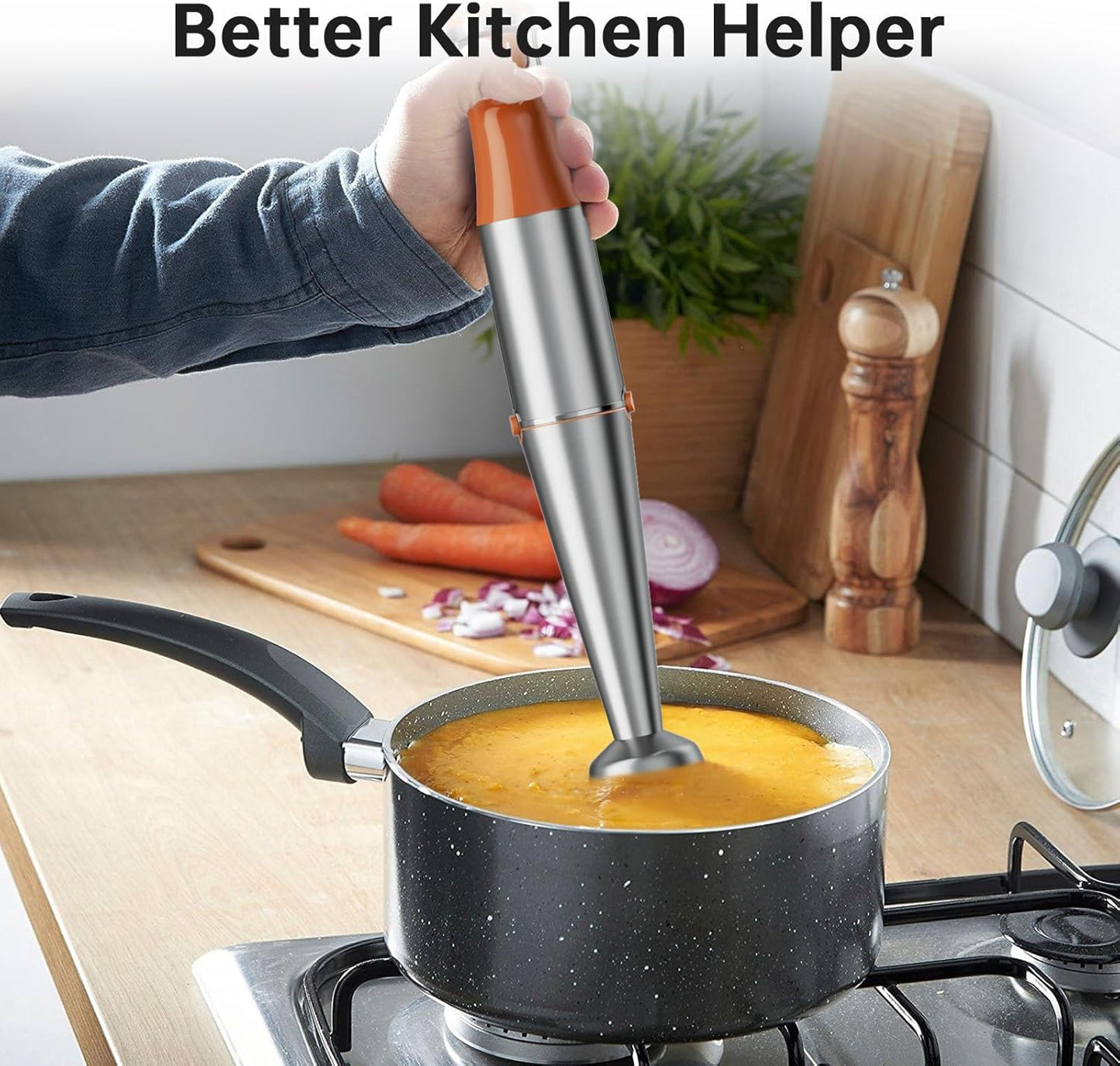 Immersion Blender Handheld Corded Hand Blenders Set 1100W, Trigger Variable Speed 5 in 1 Stick Emulsifier with Chopper, Whisk and Frother for Soup, Baby Food and Smoothies, Orange