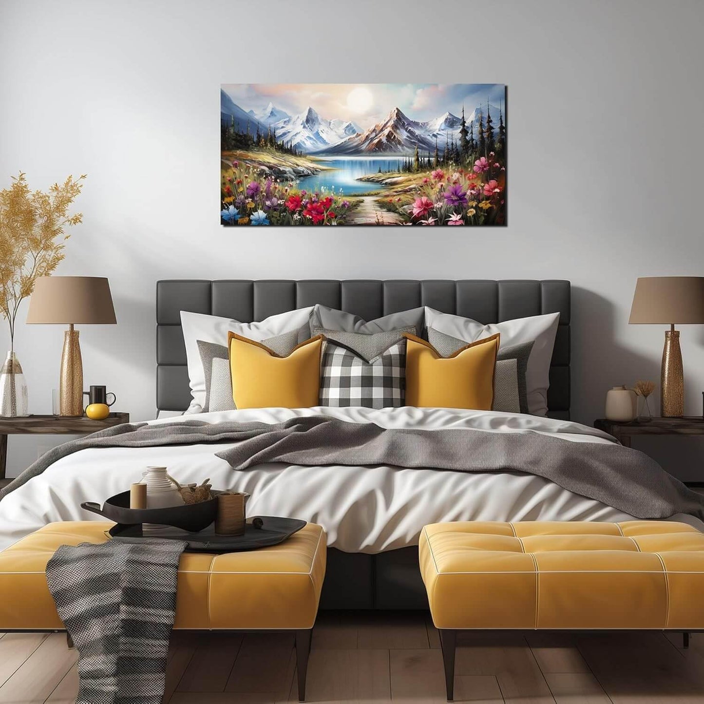 Large Canvas Wall Art for Living Room Farmhouse Decor Pictures Mountain River Landscape Wall Art Decor Prints Countryside Meadow Wildflower Artwork Canvas Painting Wall Decor for Bedroom 20x40 IN
