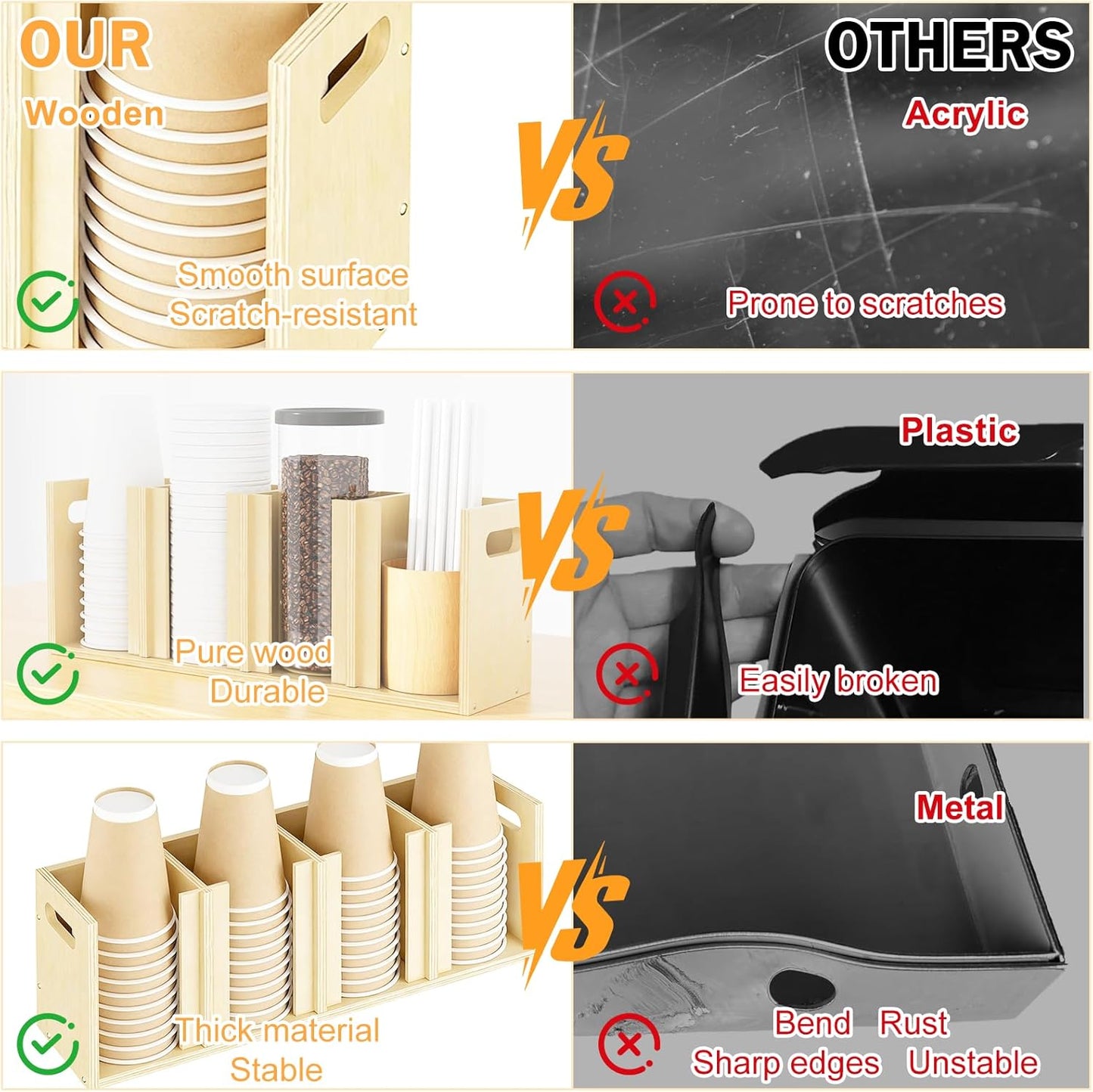 Wood Cup Lid Organizer 4 Compartments with Adjustable Dividers for Counter Wall Mount Disposable Cup and Lid Storage Kitchen Restaurants Fast Food Coffee Shop Supplies (20”W x 7”H x 4.7”D)