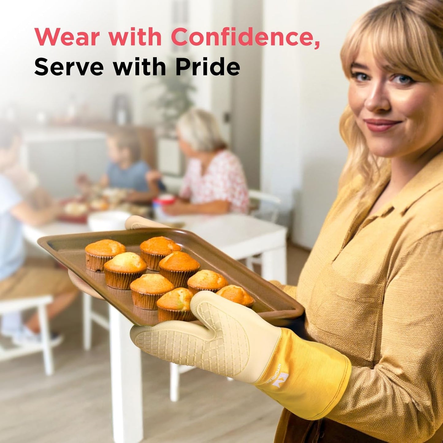 Kitchen Mama UltraShield Silicone Oven Mitts – Heat Resistant, Non-Slip Surface, Durable, Safe, Pot Holders, Flexible Waterproof Glove Set, Perfect for Cooking, Baking, Grilling, BBQ (Yellow)