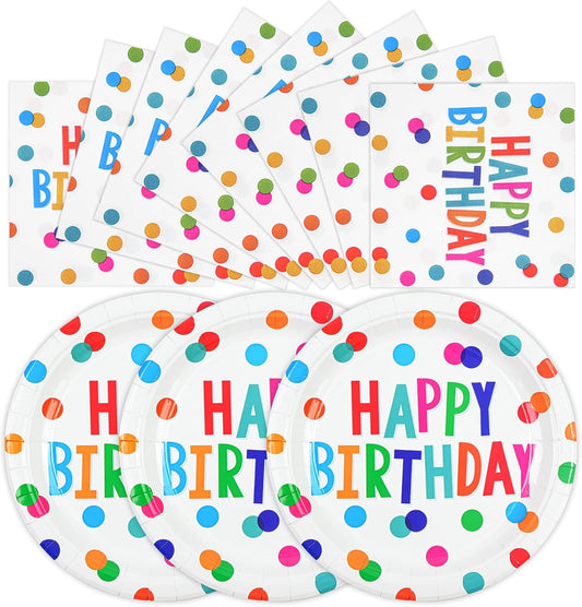 50PCS Happy Birthday Plates and Napkins, 7inch Colorful Dots Birthday Cake Dessert Plates Disposable Paper Dinnerware Set for Birthday's Party Supplies Decorations
