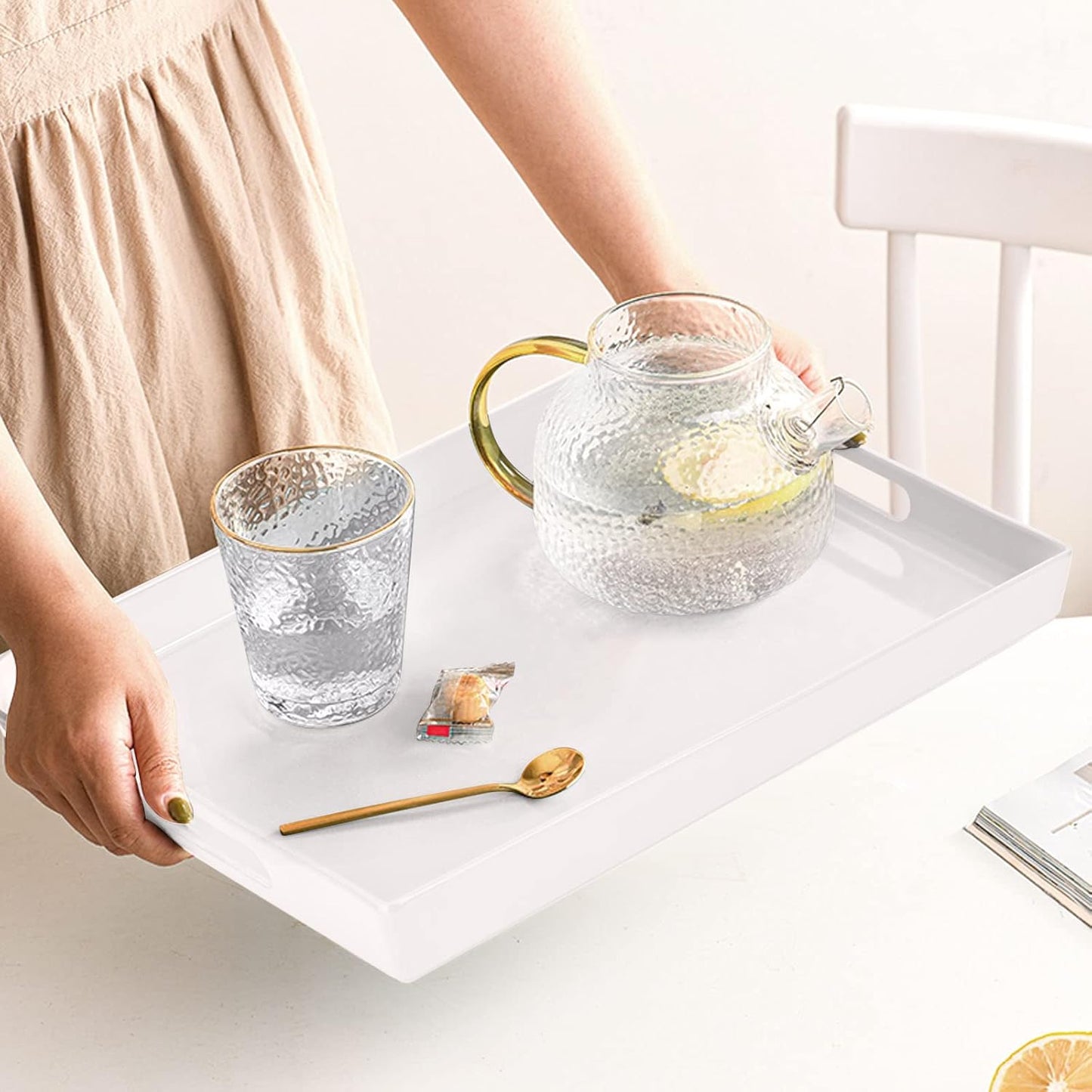 Serving Tray with Handles-10x15Inch White Melamine Modern Serving Platters,Serving Wine,Coffee,Breakfast/Kitchen Countertop Tray/Makeup Drawer Organizer/Vanity Table Tray/Decorative Tray