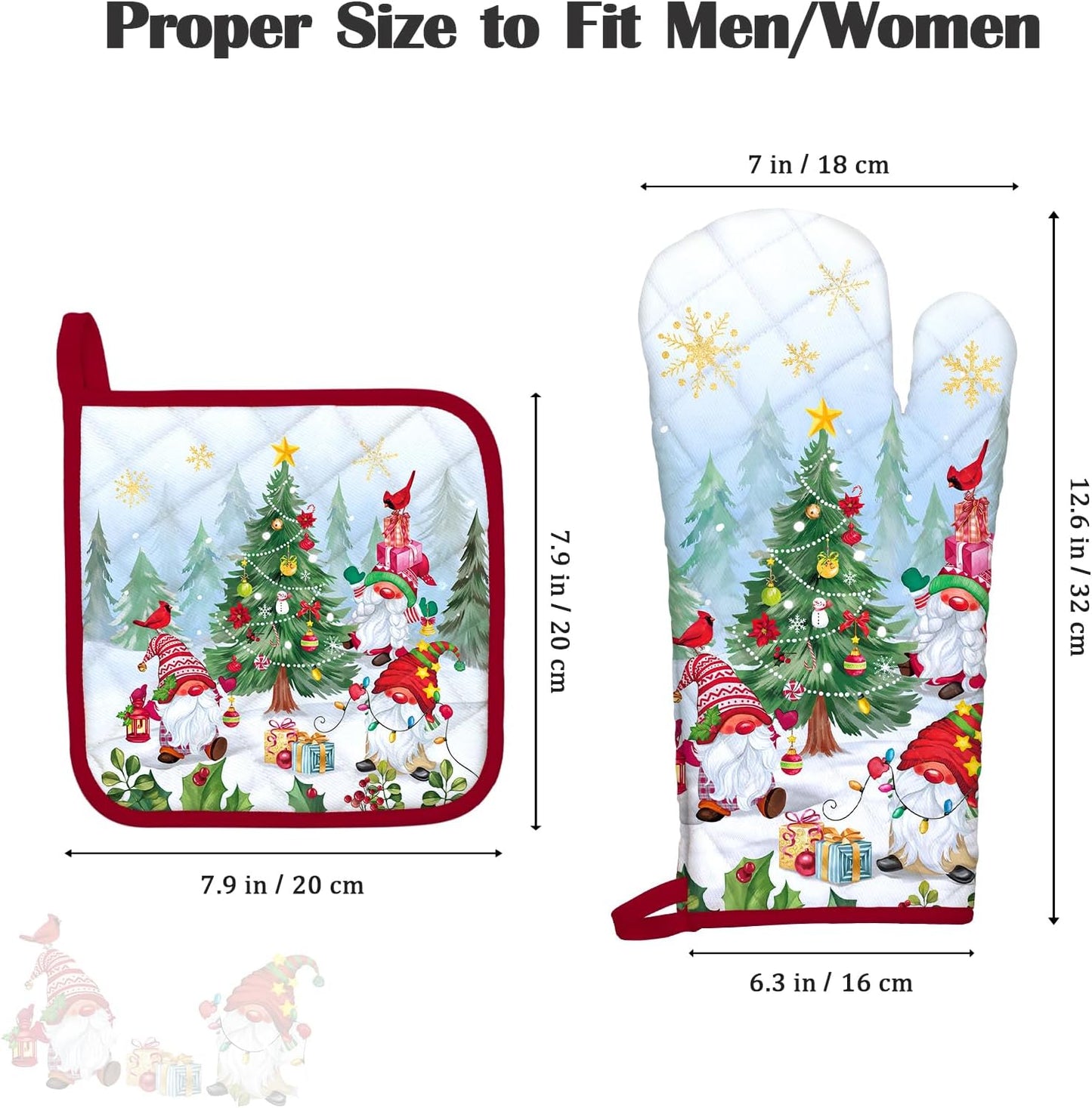 Christmas Winter Gnomes Oven Mitts and Pot Holders Sets 2Pcs, 100% Cotton Heat Resistant, Extra Long Oven Gloves Potholder for Kitchen Cooking Baking Decoration