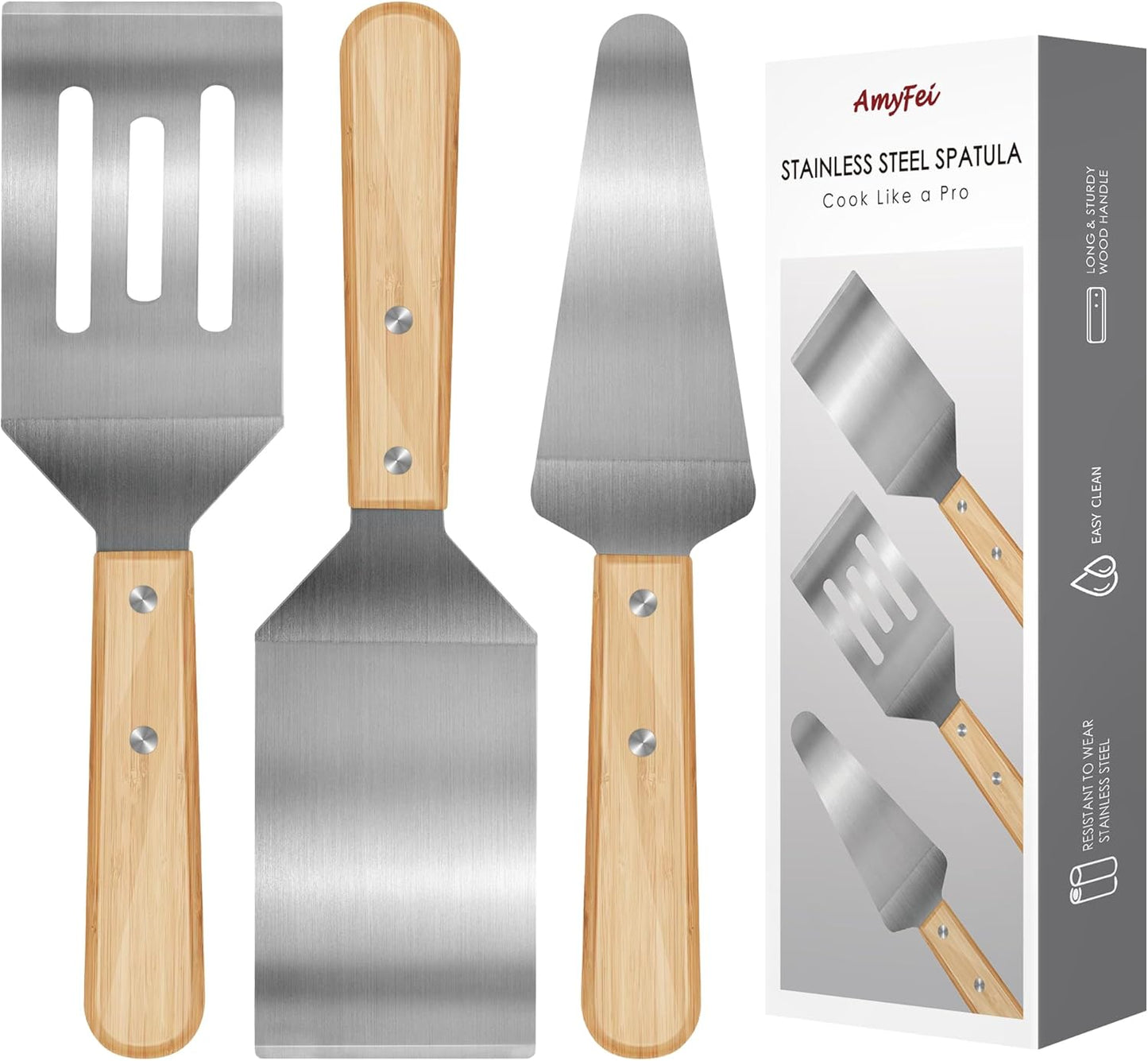 3 Pieces Stainless Steel Spatula Set,Metal Spatula for Cast Iron Skillet,Metal Spatula for Cooking with Wooden Handle,Metal Spatulas for kitchen use for Pancakes,Frying steak,Burger and Desserts
