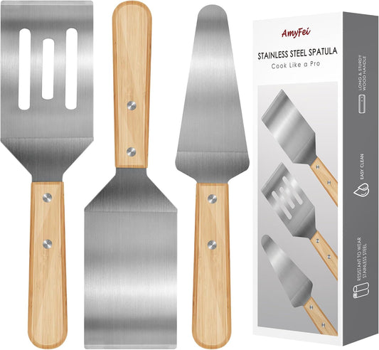 3 Pieces Stainless Steel Spatula Set,Metal Spatula for Cast Iron Skillet,Metal Spatula for Cooking with Wooden Handle,Metal Spatulas for kitchen use for Pancakes,Frying steak,Burger and Desserts
