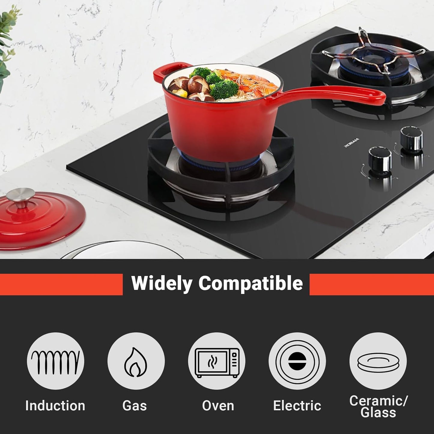 Enameled Cast Iron Sauce Pan, 2 Quarts Round Sauce Pot with Lid, Mini Dutch Oven Enamel Saucepan for Cooking Pasta Sauce, Marinate, Cook, Refrigerate and Serve, Gradient Red