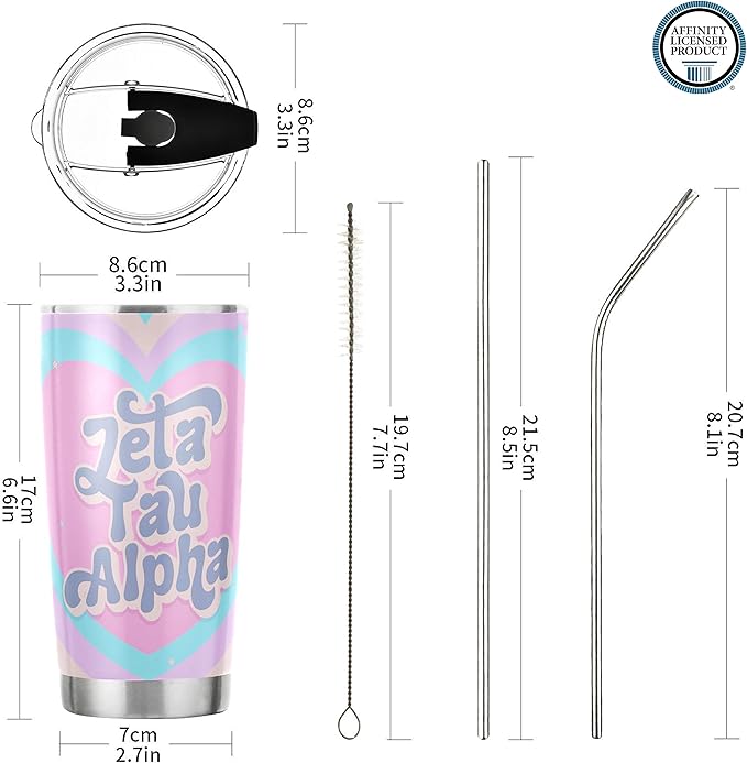Zeta Tau Alpha Paraphernalia Officially Licensed - 20 oz Stainless Steel Insulated Sublimation Tumbler - Colorful Heart