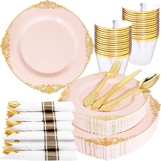 Nervure 175PCS Pink Plastic Plates - Disposable Pink Gold Party Plates & Pre Rolled Napkins with Cutlery for 25 Guests, 50Plates, 75Silverware, 25Cups, 25Napkin for Wedding & Party