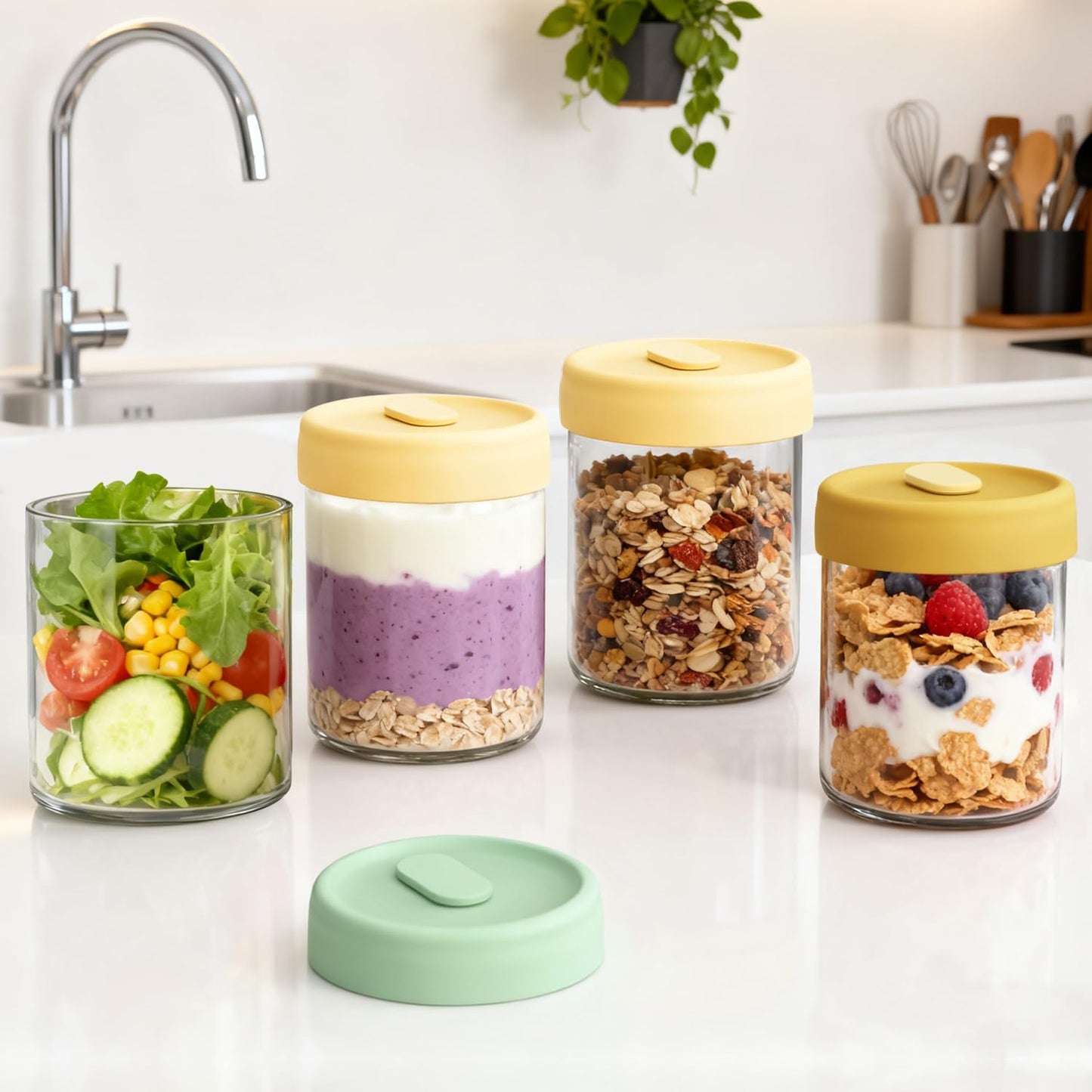 4-Pack Overnight Oats Containers with Lids, 14oz Glass Mason Jars for Overnight Oats Salad Yogurt Sugar Snacks Spices, BPA-Free