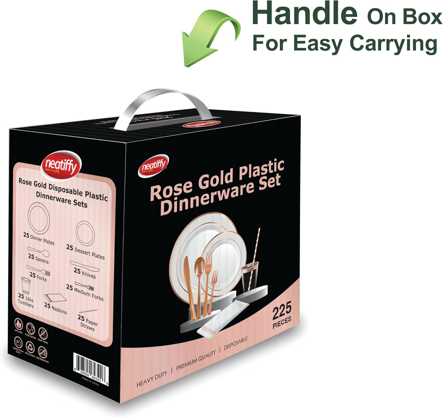 Neatiffy 225 Pcs Rose Gold Rim Plastic Dinnerware Set (25 Guests) | 25 x (Dinner Plate, Dessert Plate, Plastic Silverware, Cup, Napkin, Straw) | For Wedding, Luxurious Party, Special Event