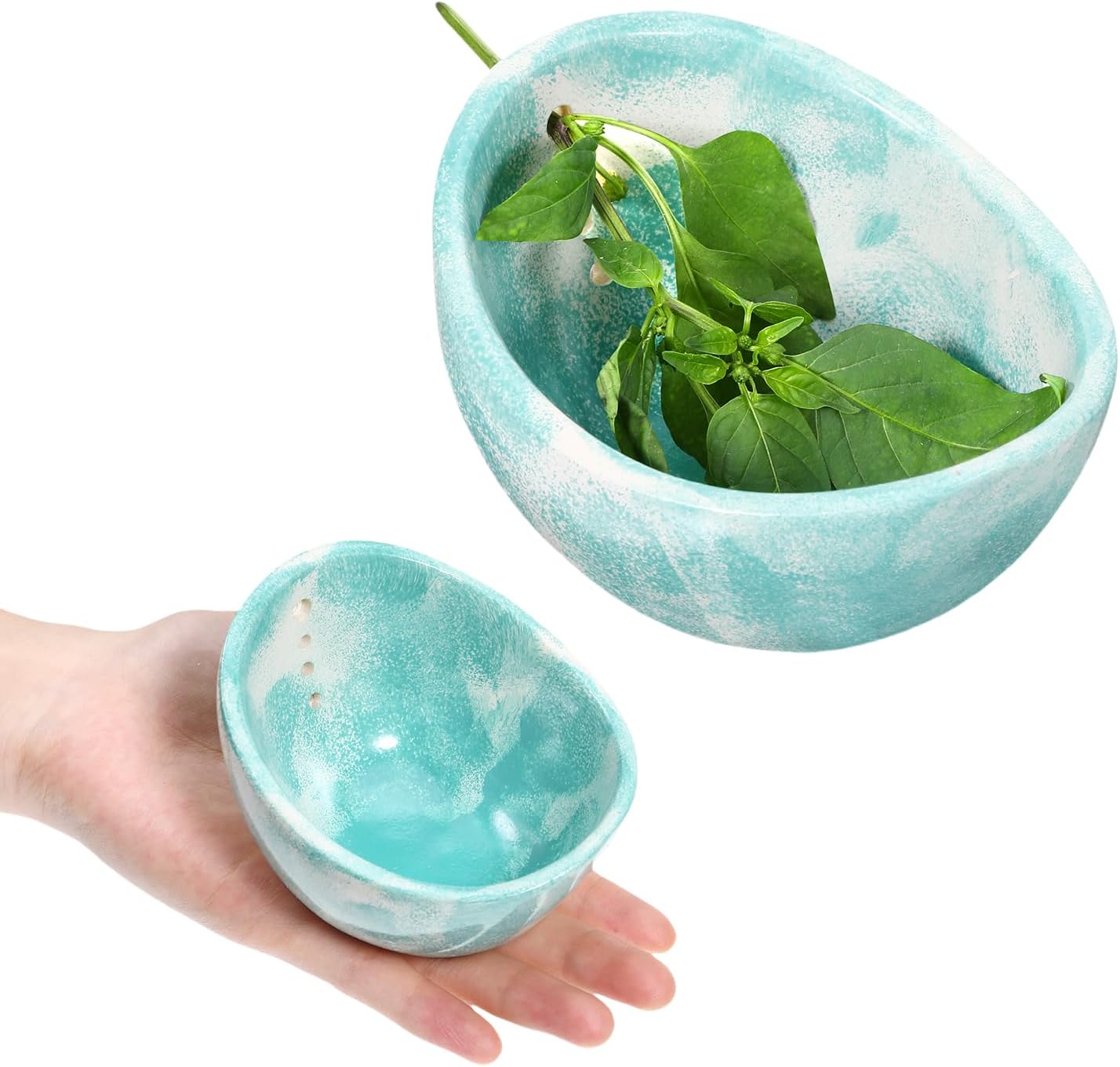 Herb Stripper, Herb Stripper Bowl, Small Ceramic Bowls, Handmade Different Round Hole Sizes Efficient Kitchen Tool for Separating Leaves and Stems,Salads & Cooking (Blue)