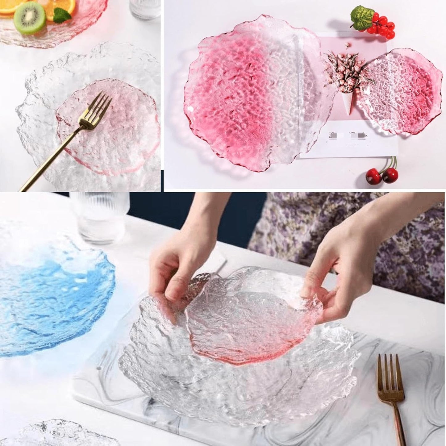 Colorful Glass Dessert Plates, Crystal Clear Snack Fruit Candy Cake Plate, Irregularity Shape Plates for Appetizer, Ice Cream, Salad, Small Serving Dishes (pink, 5.7inch 2pcs)