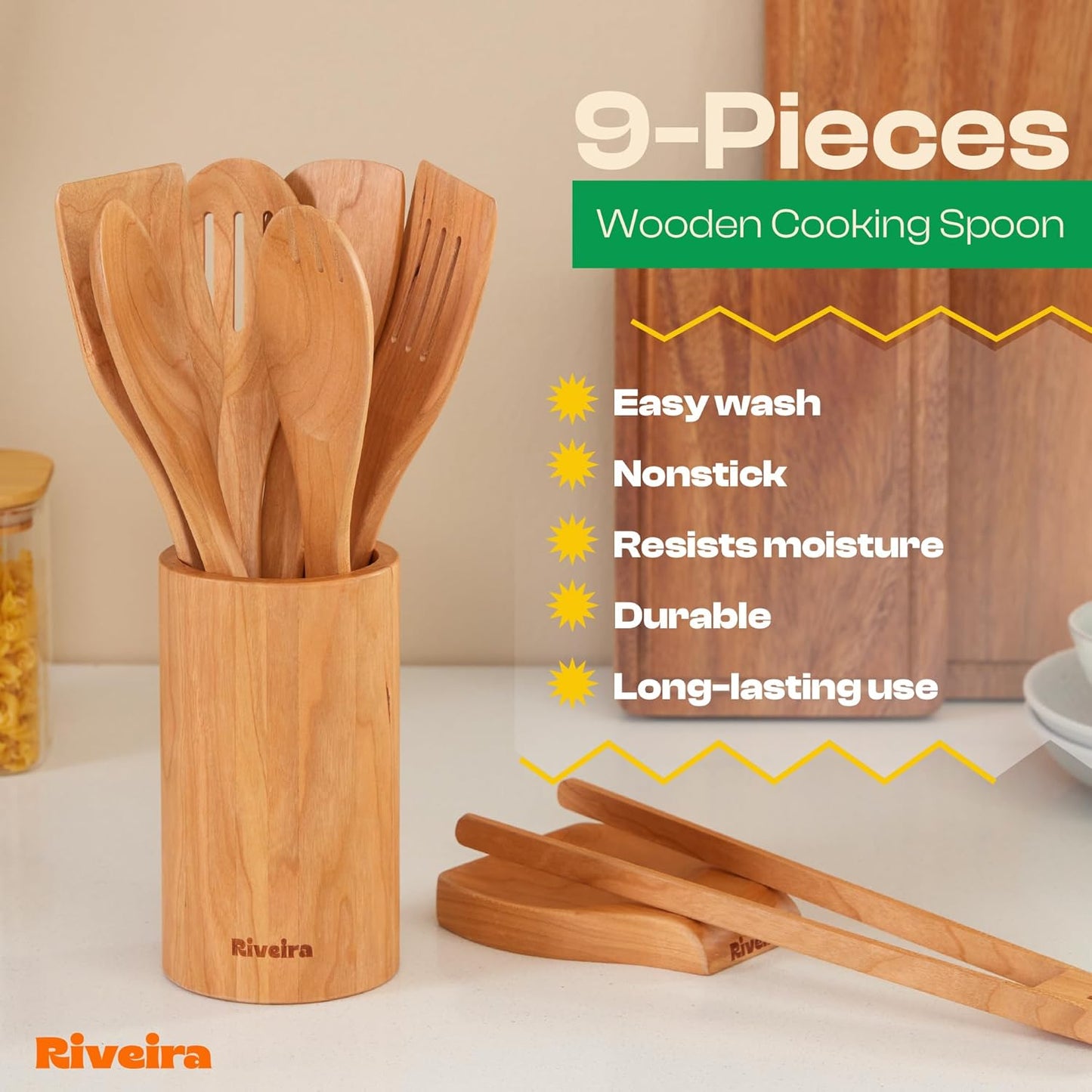 Riveira Cherry Wooden Spoons for Cooking Set of 9 – Natural Cherry Wooden Cooking Utensils, Wooden Spatula, Wooden Spoon - Premium Quality Wooden Utensil Set for Non-Toxic Cooking