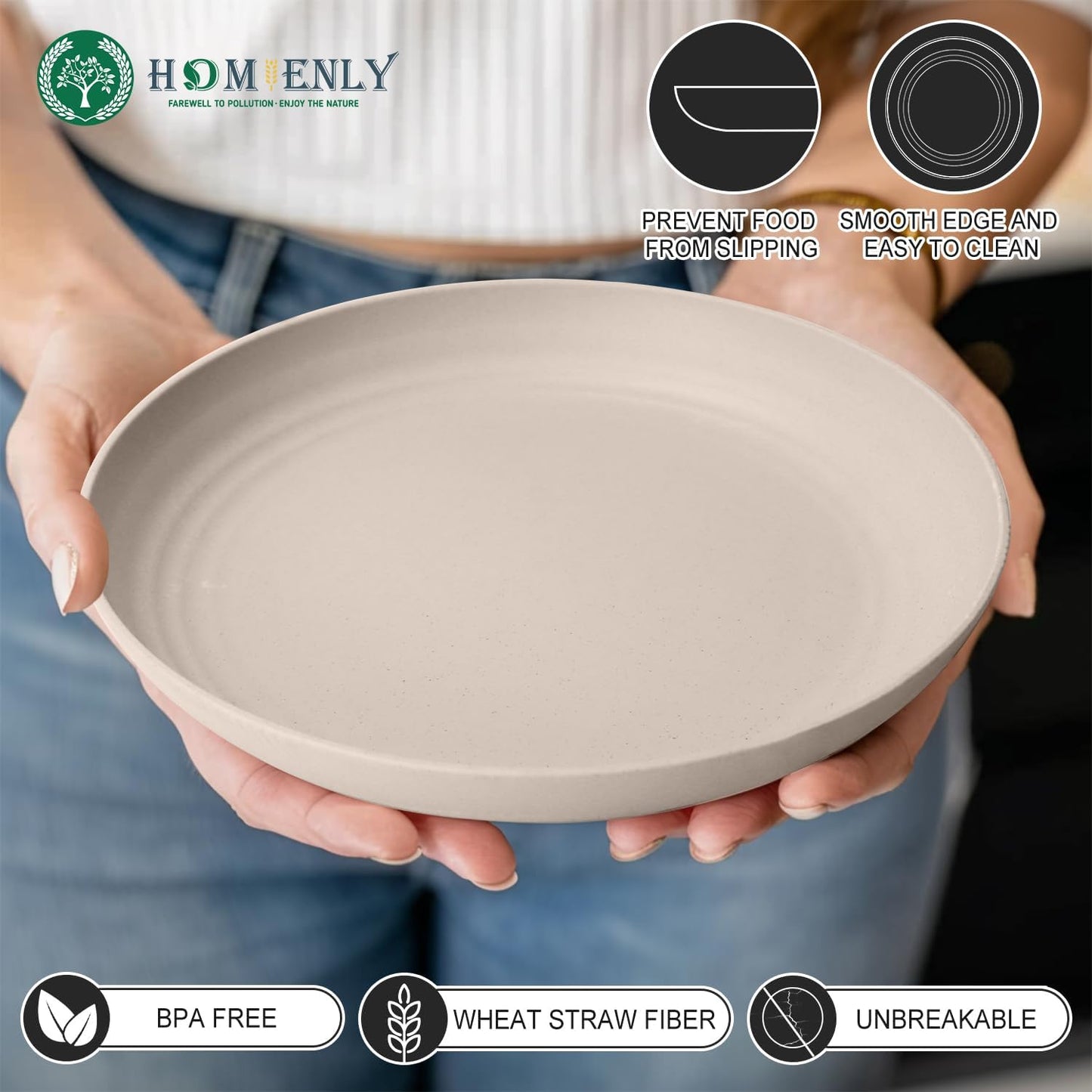 Homienly Dessert Plates - 8 Inch Wheat Straw Plates Set, Dinner Plates Set of 8, Appetizer Plates, Lightweight Unbreakable Plates, Microwave Safe Plates, Deep Plates for Dinner - Beige