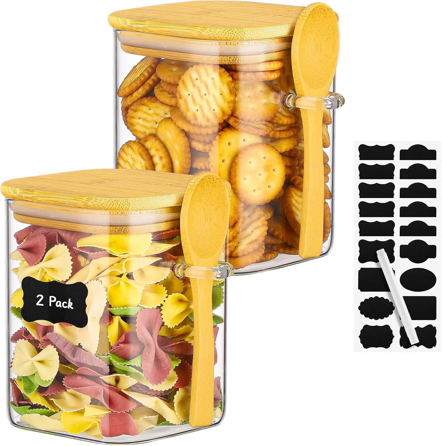 Glass Storage Jars with Airtight Lid - 2 Pack 28 Fl.oz Square Glass Containers with Bamboo Lids and Spoon, Includes Labels and Marker, Cereal Container Tea Canister for Flour, Beans, Sugar