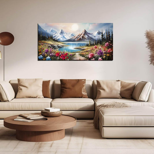 Large Canvas Wall Art for Living Room Farmhouse Decor Pictures Mountain River Landscape Wall Art Decor Prints Countryside Meadow Wildflower Artwork Canvas Painting Wall Decor for Bedroom 20x40 IN
