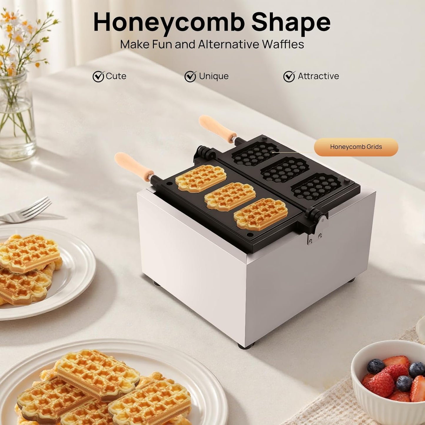 1500W Professional Waffle Maker, 3-Cell Flip Honeycomb Waffle Machine w/Crumb Tray, Adjustable Time &Temperature, Non-stick, Mini Waffle Maker for Making Waffles & Heating Hot Dogs (3-cell)