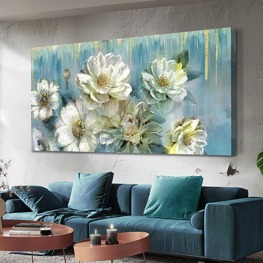 Ardemy Floral Canvas Wall Art for Living Room Large Magnolia White Flowers Teal Pictures Wall Decor Textured Painting ModernTurquoise Artwork Bathroom Bedroom Dining Room Home Office, 40"x20"