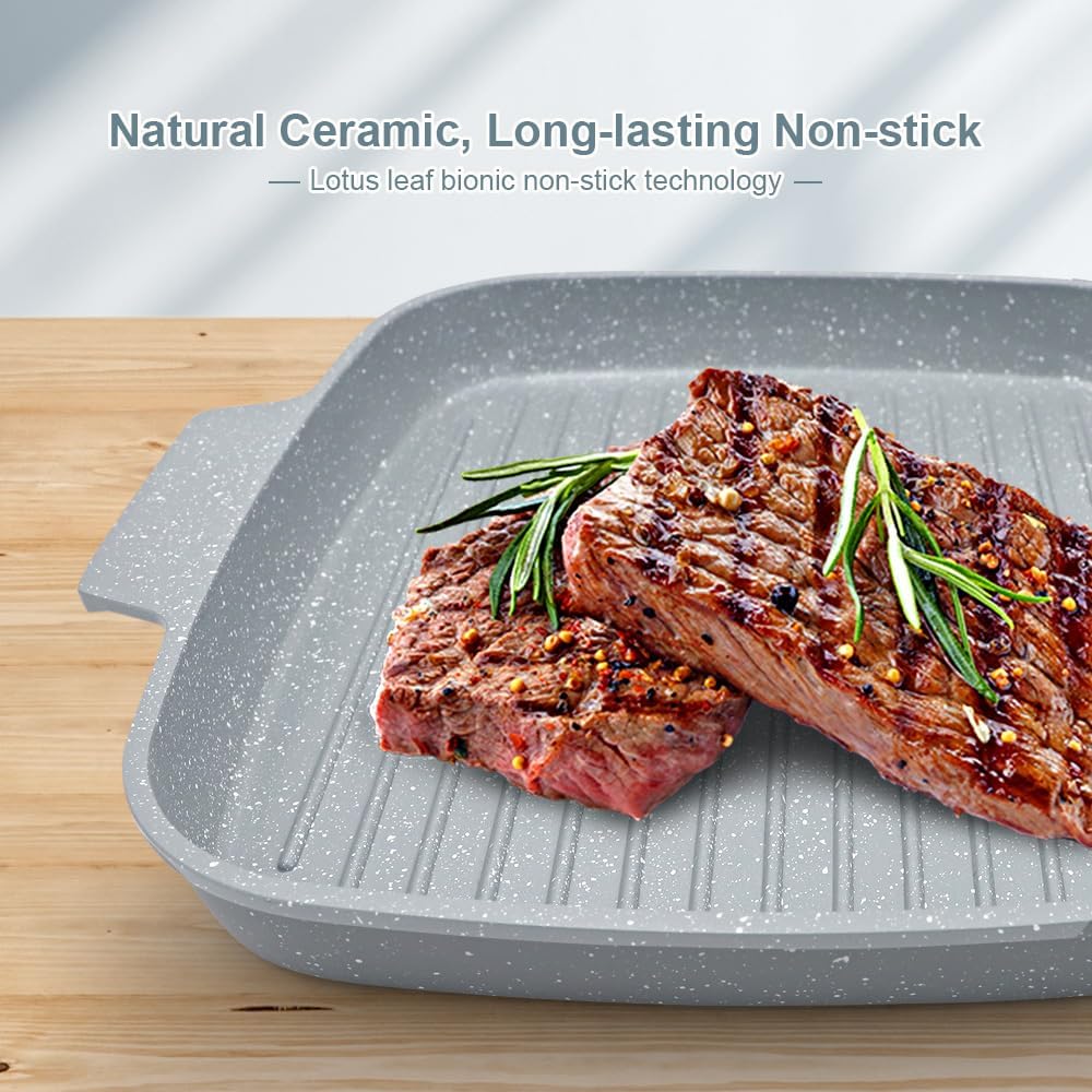 Nonstick Ceramic Griddle Pan with Lid, 10 Inch Steak Pan with Detachable Handle Induction Compatible, PFOA Free - Blue