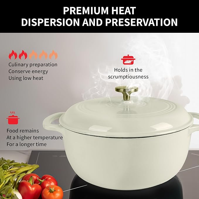 Premium Enameled Cast Iron Dutch Oven for Bread Baking | Non-Stick 2QT Oval Bread Oven with Lid | Perfect for Sourdough, Loaf, and Artisan Baking (Round Cream, 5.5 QT)