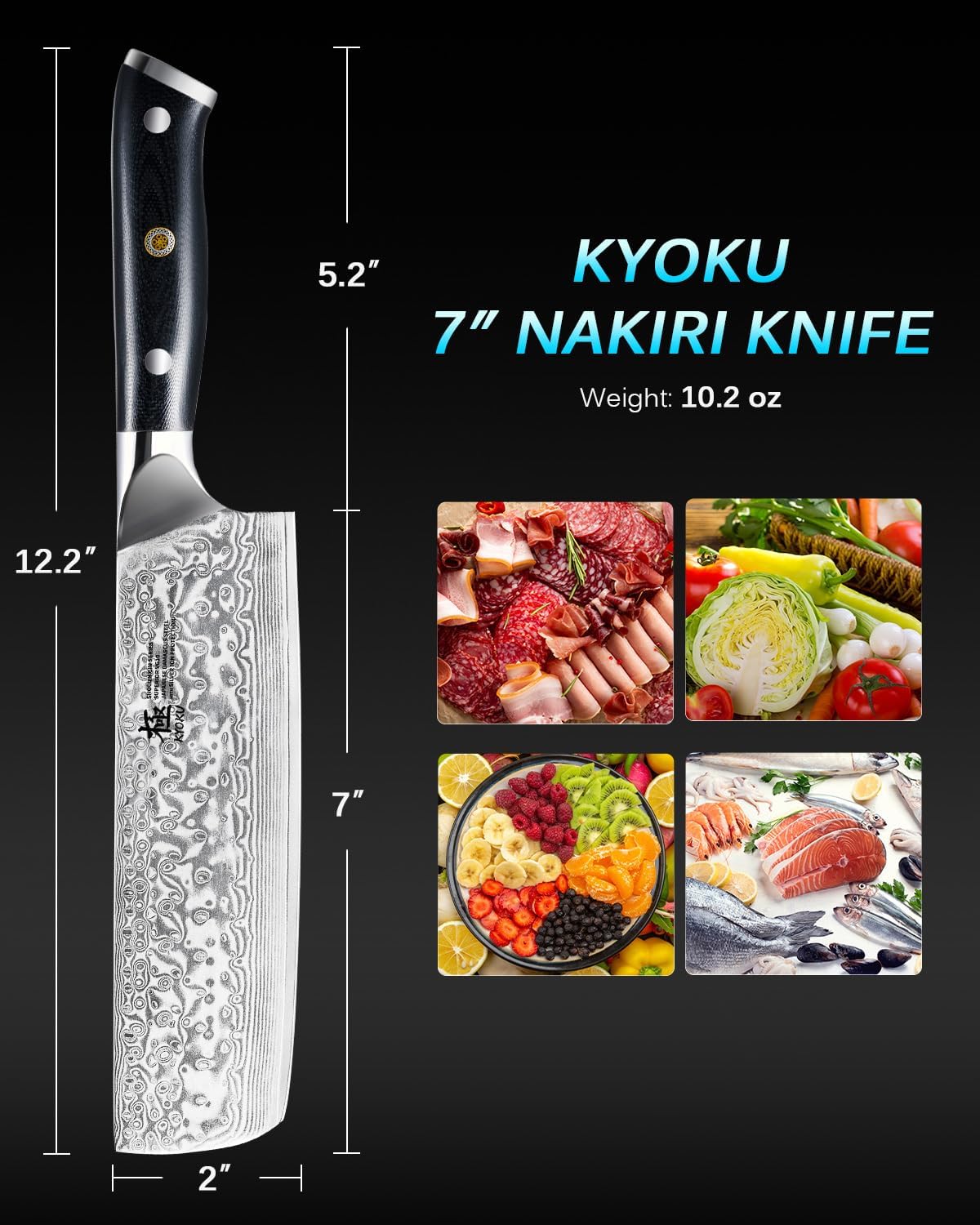 KYOKU Gin Series Nakiri Knife, 7" Vegetable Knife, Japanese VG10 Damascus Stainless Steel Kitchen Knife with Silver Ion Blade G10 Handle & Mosaic Pin, Professional Chef Knife for Veg Fruit Meat