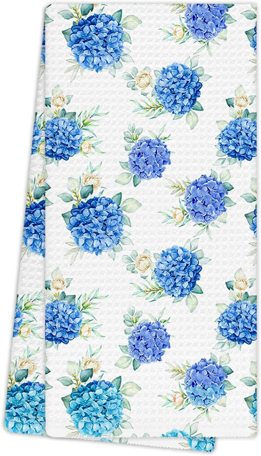 Blue Hydrangea Flower Kitchen Towels, Vintage Farmhouse Floral Hand Towels for Bathroom Decor, Rustic Cottagecore Hydrangea Dishcloths Dish Towel for Kitchen 16x24 Inches