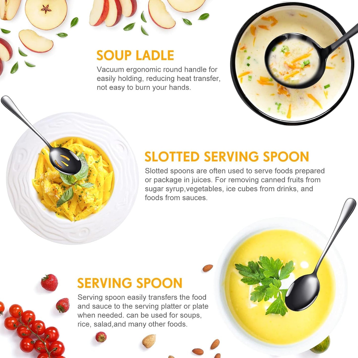 Patelai Serving Utensils Set Include Stainless Steel Large Spoons Slotted Spoons Forks Tongs Soup Ladle and Pie Server for Parties Buffet Catering, Dishwasher Safe(Black,10 Pieces)