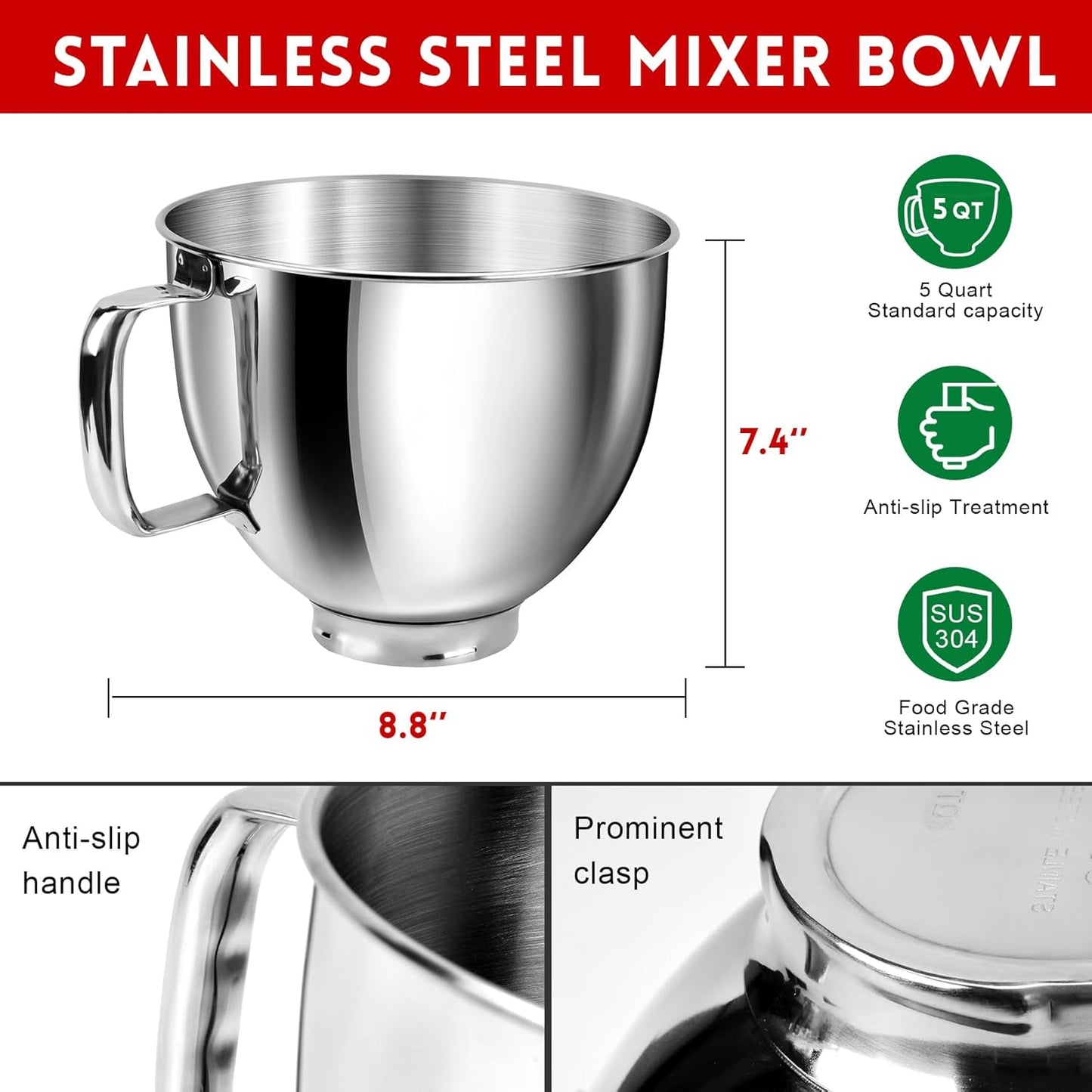 GasSaf 5Quart Mixing Bowl, Stainless Steel Kitchen Mixer Bowls Suitable for Kitchen-aid Series 4.5-5 QT Tilt-Head Mixer