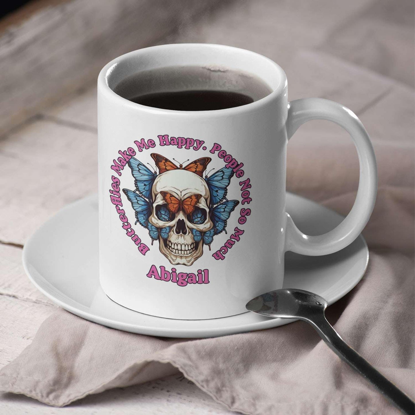 Awesome Personalized Name Butterflies Make Me Happy Coffee Cups, Customized Animal Travel Cup Presents For Animal Lovers, Custom Great Butterfly Keepsake Mug For Child On Occasion