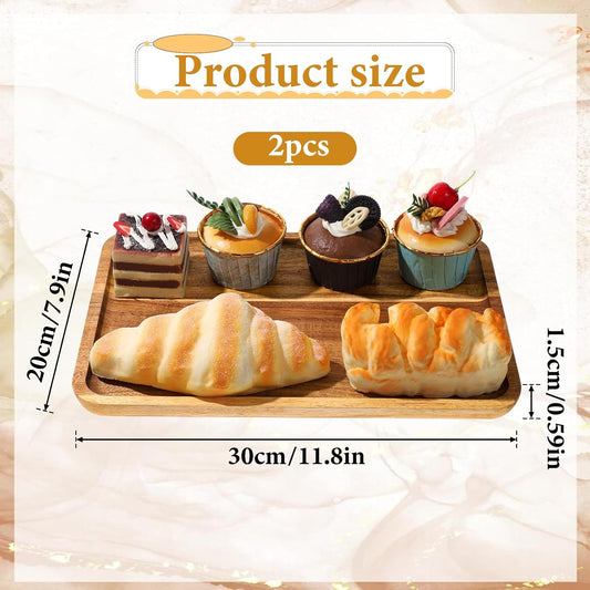 2 PCS 11.8 × 7.8 Solid Acacia Wood Serving Trays Rectangular Wooden Serving Platters Wood Tray Large Wooden Boards Kitchen Display Tray for Food, Charcuterie, Coffee Table Decor