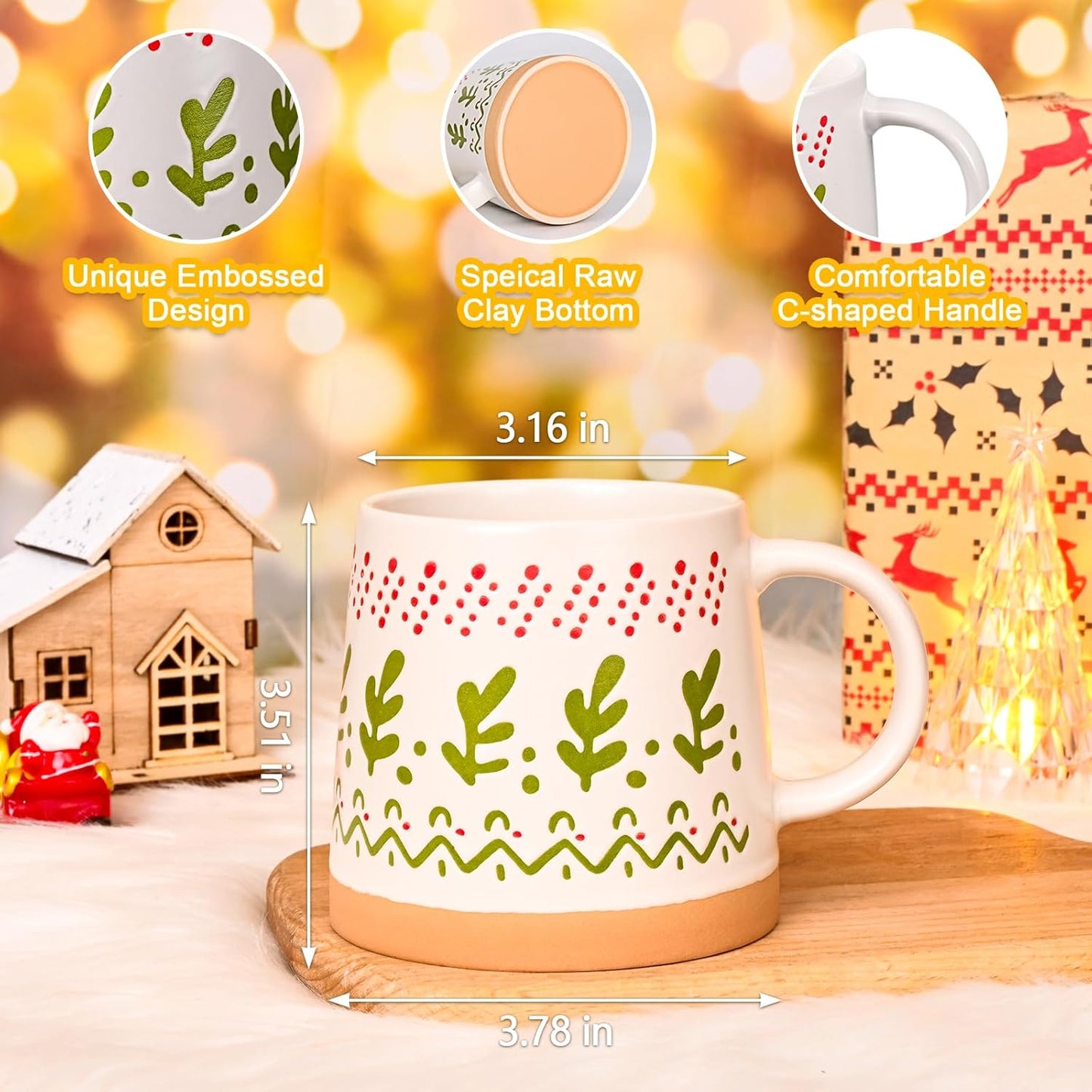 Maustic Christmas Mugs Set of 4, Christmas Coffee Mugs, Ceramic Holiday Mug for Hot Cocoa, Hot Chocolate, Coffee, Tea, Family Gifts, 14 Oz, Microwave & Dishwasher Safe