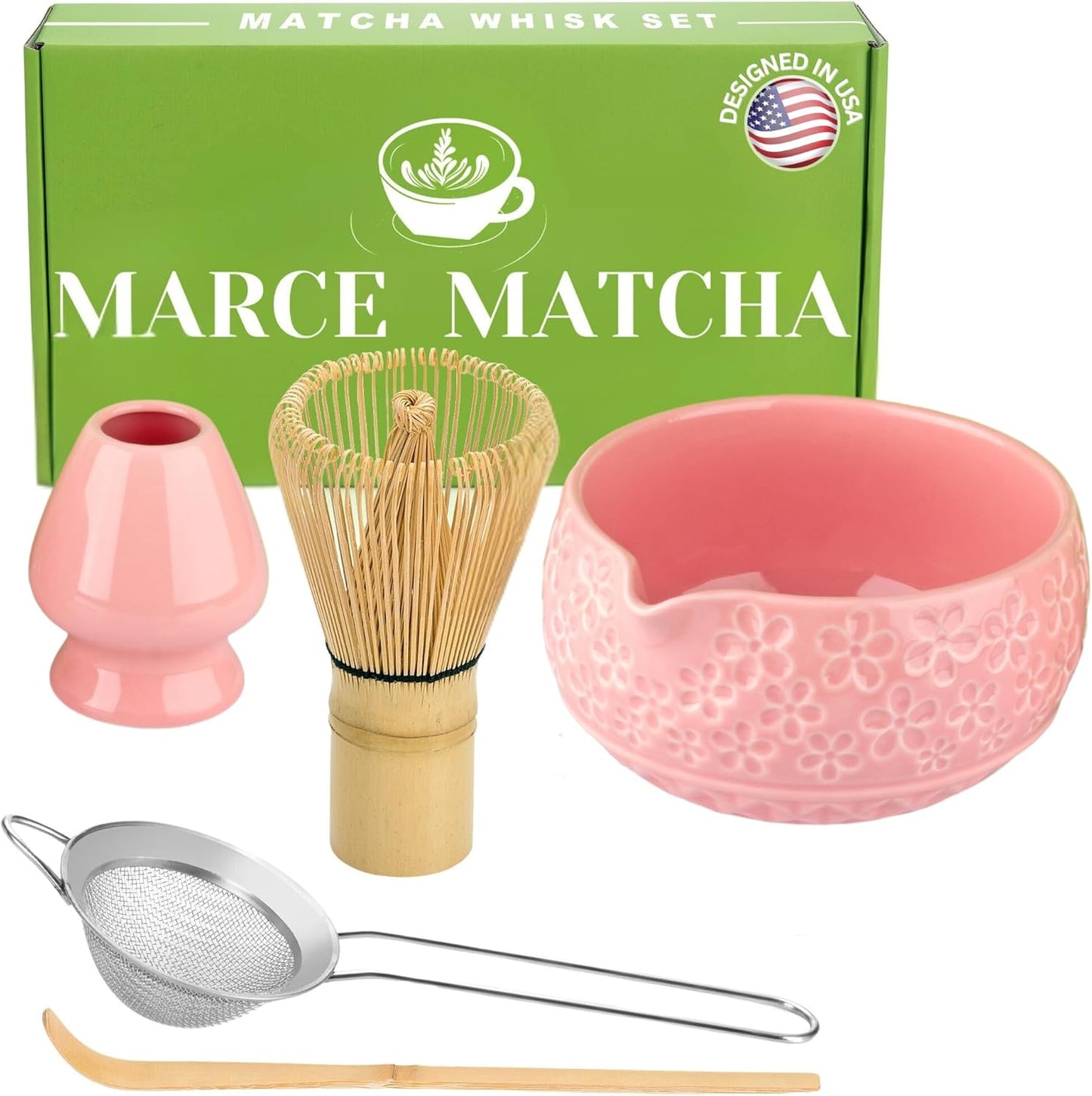 Matcha Whisk Set- Matcha Set includes Matcha Whisk and Bowl with Spout, Sifter, Holder and Scoop- The Perfect Bamboo Whisk for Matcha Tea (Rose Pink)
