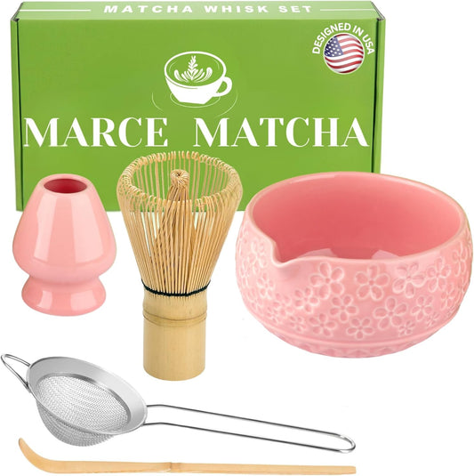 Matcha Whisk Set- Matcha Set includes Matcha Whisk and Bowl with Spout, Sifter, Holder and Scoop- The Perfect Bamboo Whisk for Matcha Tea (Rose Pink)