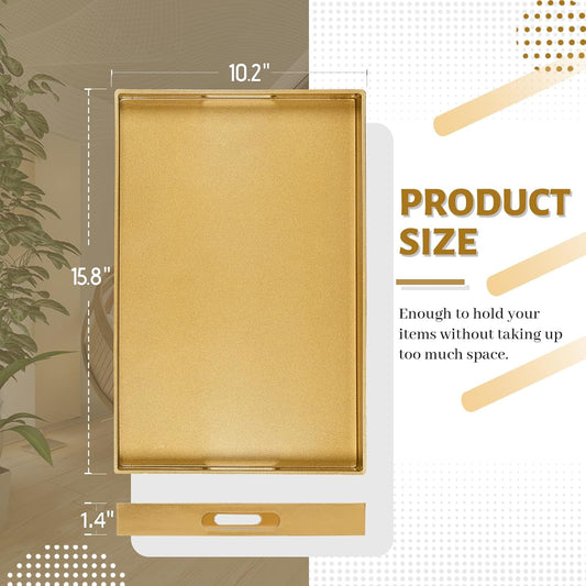 MAONAME Gold Decorative Tray for Coffee Table, Modern Serving Tray with Handles, Plastic Ottoman Trays for Living Room, Bathroom Decor, 15.8" L x 10.2" W x 1.4" H