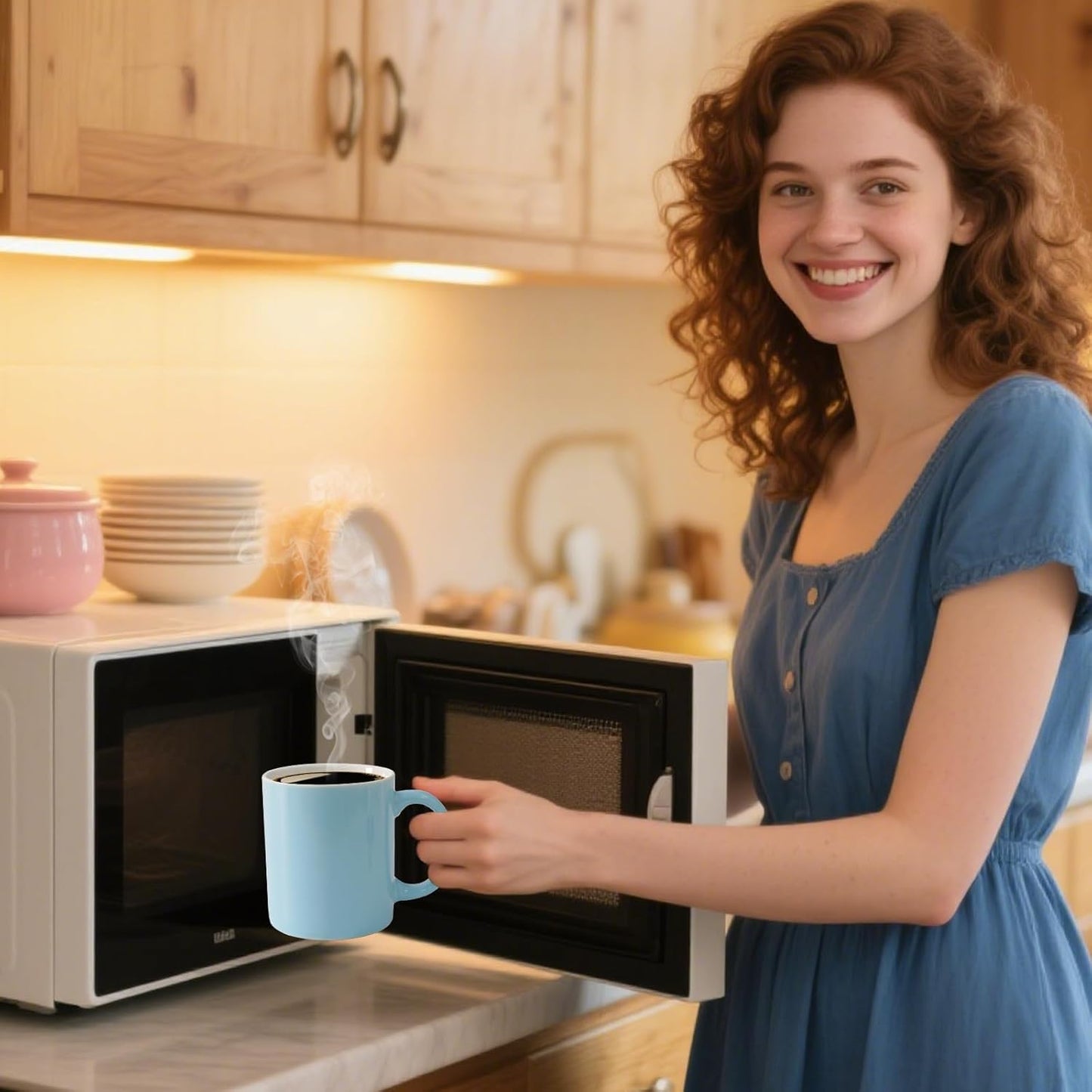 12 oz Cup (4pcs), Plain Gloss Light Blue Ceramic Coffee Mug for Milk Tea, Set of 4