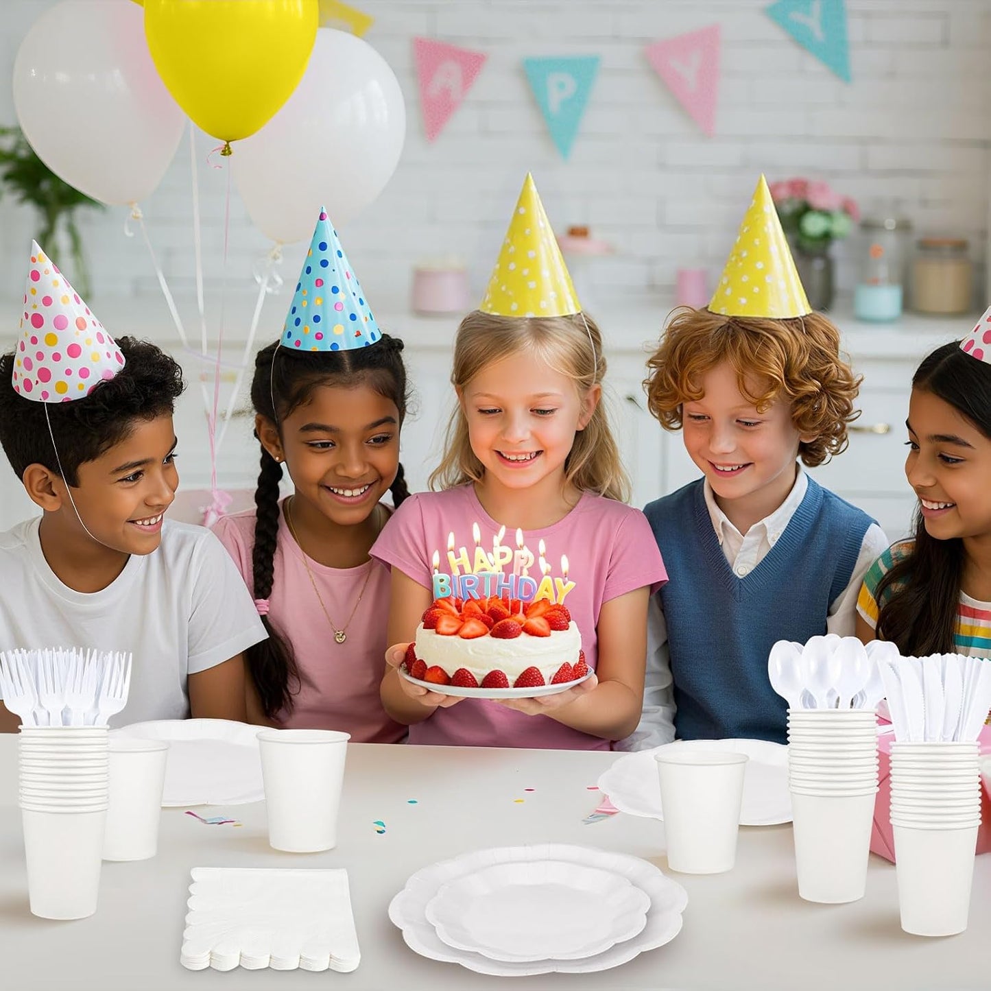 350 Pcs White Party Supplies Include Scalloped Plate Napkin Cup Forks Knives, Plastic Cutlery 50 Guest Disposable Parties Tableware Set for Wedding Baby Shower Bridal Shower Birthday Party