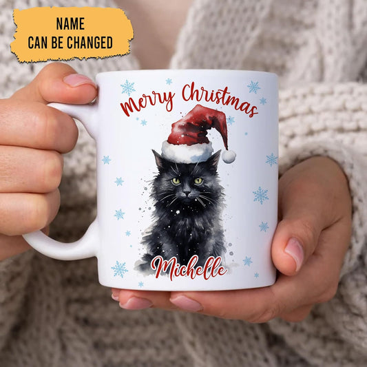 Hyturtle Personalized Gifts Black Cat Lover - Black Cat Wearing Santa Hat Custom Name Ceramic Coffee Mug Cup 11oz - Cute Animal Lovers Gifts For Women, Girl kids Family On Birthday, Christmas