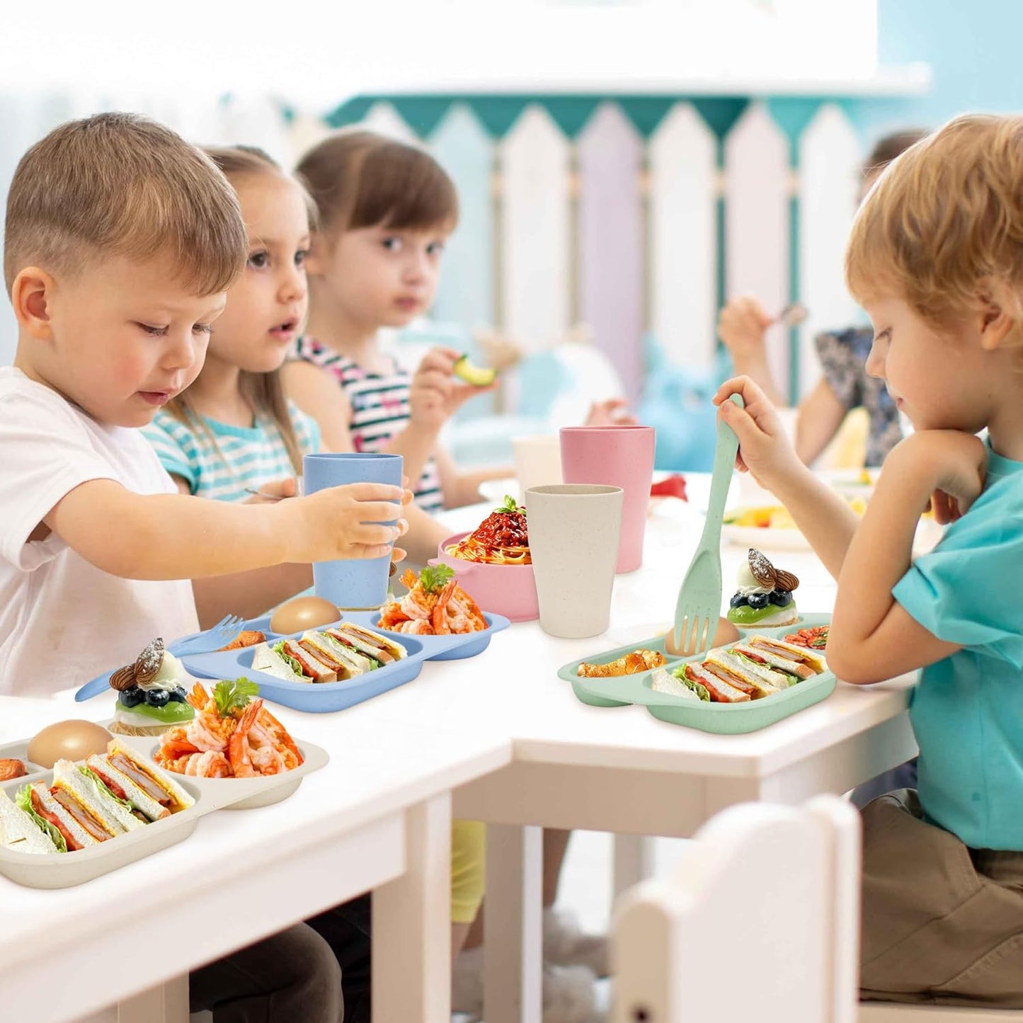 Unbreakable Dinnerware Sets for 4 People,24pcs Divided Plates and Bowls, Reusable Dinnerware Plastic Plates, Cups, Bowls, Cutlery Set for School Party, Camping, Home, Office