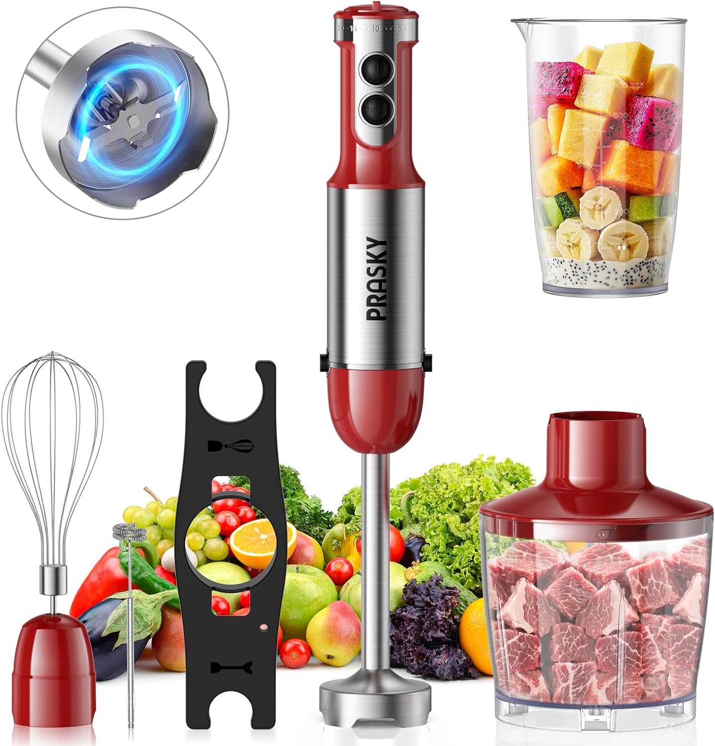 Immersion Blender Handheld，1200W Hand Blenders, 20 Speed & Turbo Mode Hand Held Blender, Stainless Steel Blades, Milk Frother Wand, Whisk, 600ml Beaker, 500ml Chopper (Red)