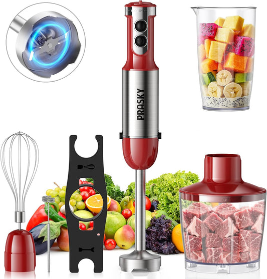 Immersion Blender Handheld，1200W Hand Blenders, 20 Speed & Turbo Mode Hand Held Blender, Stainless Steel Blades, Milk Frother Wand, Whisk, 600ml Beaker, 500ml Chopper (Red)