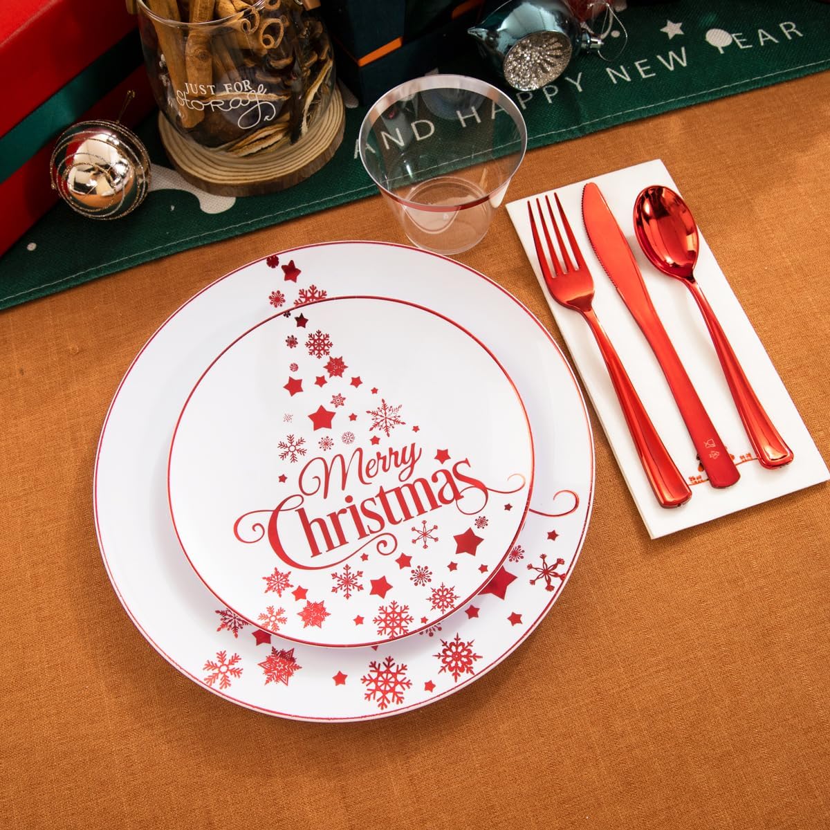Morejoy 175PCS Christmas Plastic Dinnerware Set - White/Red Plates & Red Plastic Silverware Include 25 Plates, 25 Cups, 25 Forks, 25 Knives, 25 Spoons, 25 Napkins Perfect for Holidays